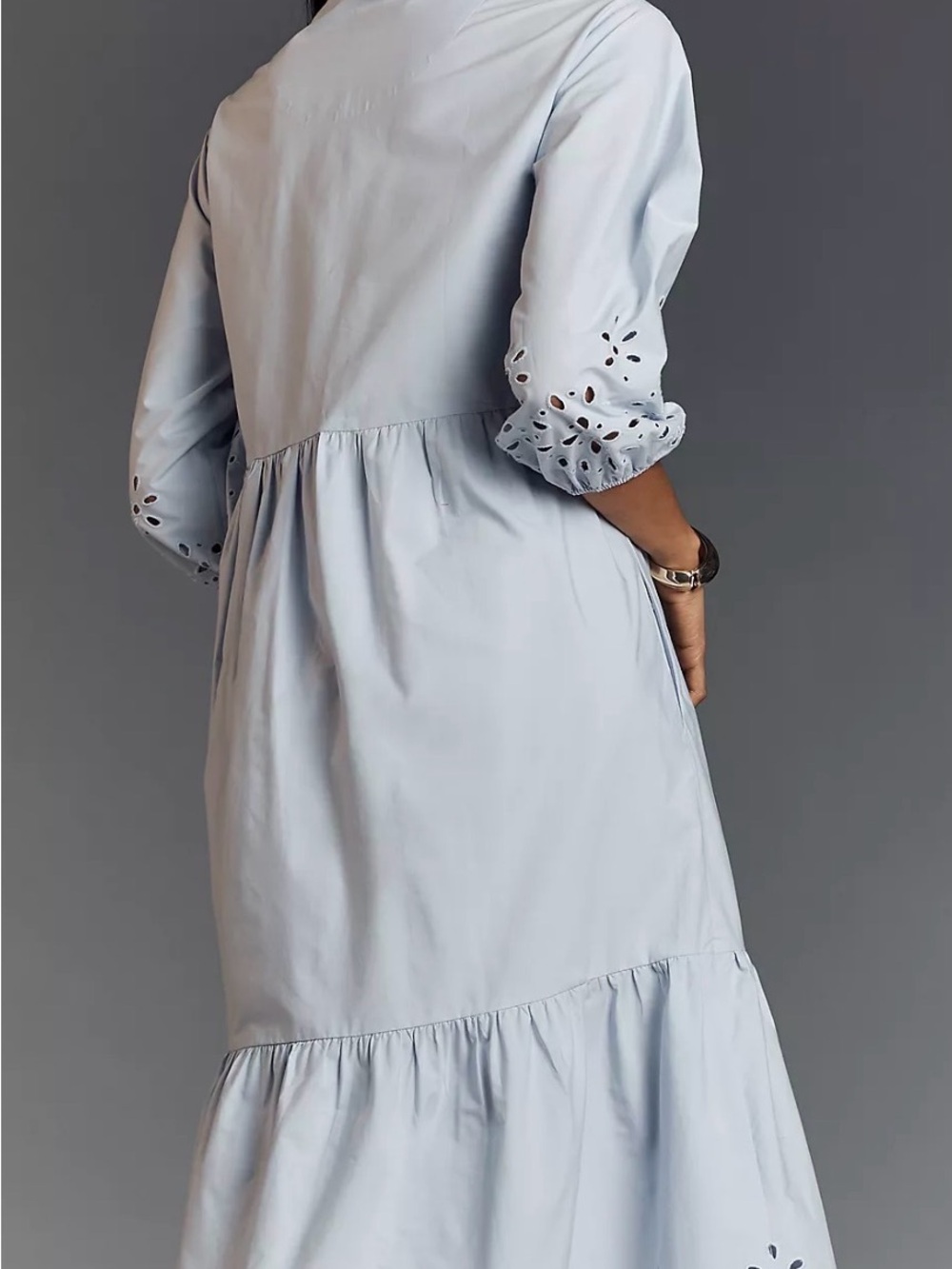 Anthropologie MAEVE Light Blue Button-Front Tiered Midi Dress with Eyelet Detail - Picture 2 of 10